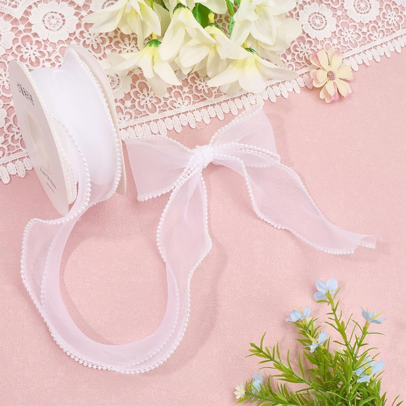 5 Yards White Faux Pearl Edge  - đánh giá và giá Organza Ribbon Spool