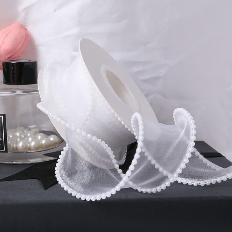 5 Yards White Faux Pearl Edge  - đánh giá và giá Organza Ribbon Spool