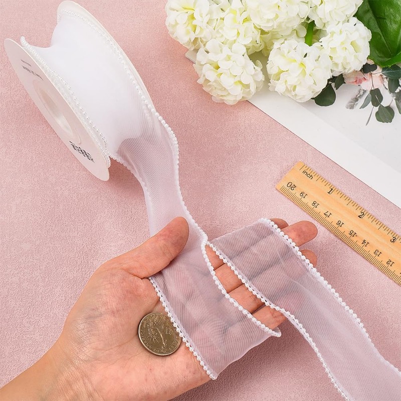 5 Yards White Faux Pearl Edge  - đánh giá và giá Organza Ribbon Spool
