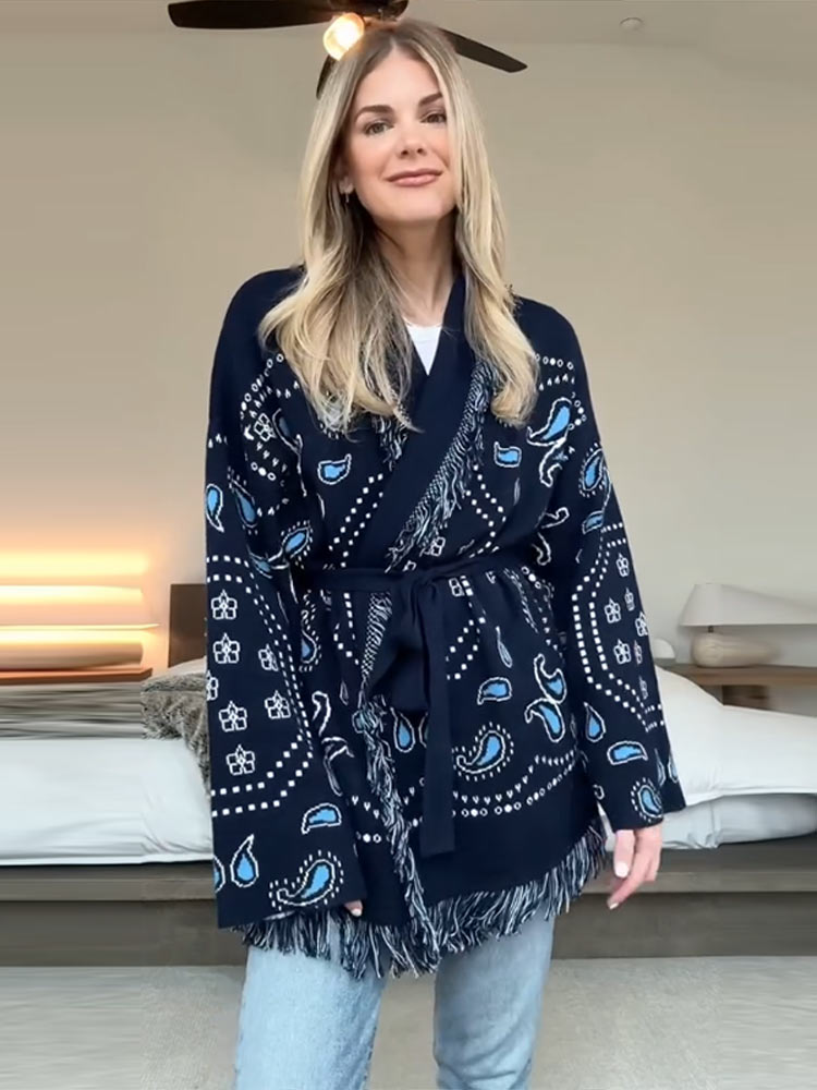 Elegant Print Tassel Cardigan  - đánh giá và giá Tassel Fringe Trim